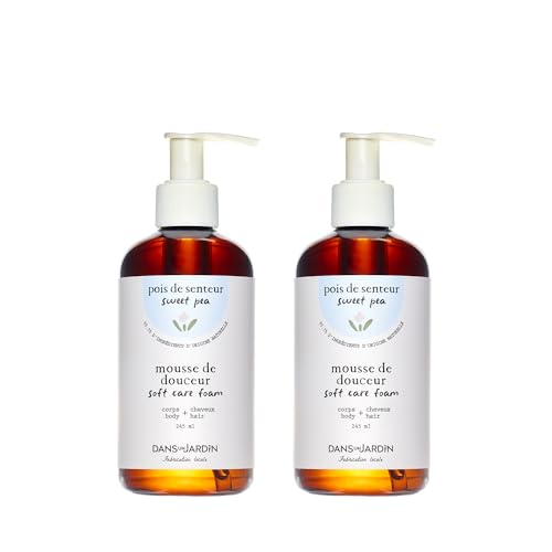 DANS UN JARDIN – Duo Soft Care Foam For Baby Made in Canada with 95% of Natural Origin Ingredients – 2 in 1 Body & Hair Wash – Sweet Pea Scent – Skin-Friendly – Gentle On The Skin – Vegan – 2x245ml