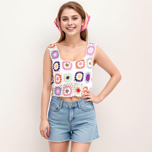 Floral Crochet Tank Tops for Women Summer Boho Square Neck Sleeveless Crochet Crop Top Hollow Out Short Beachwear White3