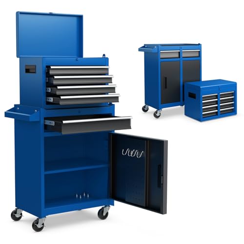 Goplus Rolling Tool Chest 5-Drawer Tool Box Organizer w/Lockable Wheels & Sliding Drawers & Detachable Top & Adjustable Shelf Tool Storage Cabinet for Garage Workshop (Blue)