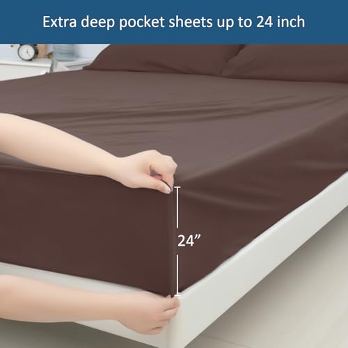 Image of Queen Sheet Set for Air Mattress - Sheets Queen Size Bed Set - 3Pcs Side Storage Pocket Fitted Sheet & Pillowcases Easily Fits 16in to 24in Pillow Top Air Bed Mattress - Brown