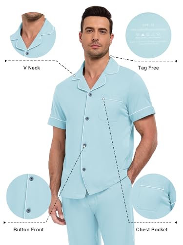 Image of COLORFULLEAF 100% Cotton Mens Pajamas Set Short Sleeve Loungewear with Long Pants Button Down Sleepwear Soft Comfy Pj for Men
