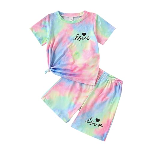 Image of Kids Girl Clothes Tie Dye Heart Print Short Sleeve Top and Shorts Toddler Girl Summer Outfits Short Set