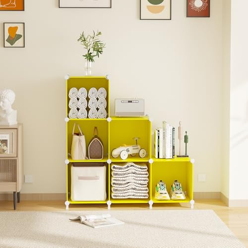Image of AWTATOS Cube Storage Organizer, 6 Cube Closet Organizers and Storage, DIY Stackable Bookshelf Plastic Clothes Organizer Shelving for Bedroom, Home, Yellow