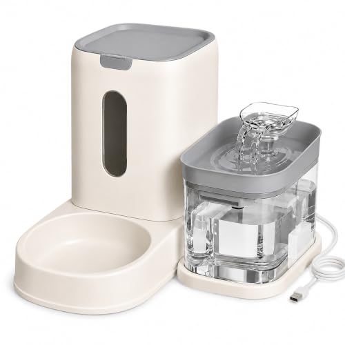 Image of PetVogue Automatic Circulating Pet Drinking Fountain & Food Feeder Set with USB Powered Water Fountain, Large Capacity Food Storage, Stainless Steel Bowl for Cats & Small Dogs (Grey)