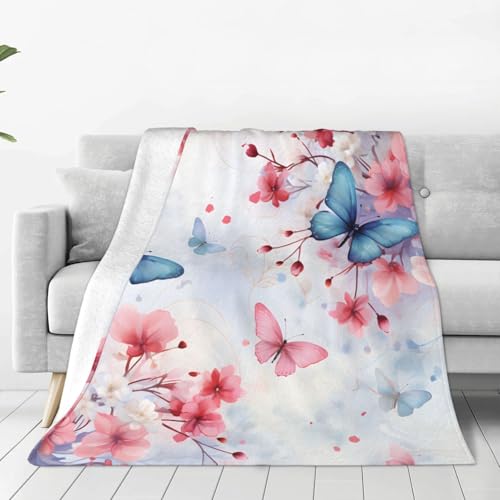 JXDXHCW Throw Blanket Standard Size 60"X50" Inches Blure Butterfly,Pink Flower Soft Cozy Lightweight Blankets for Boys and Girls