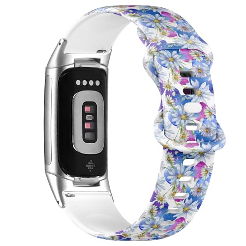 Bracelet silicone pour Fitbit Charge 6 et 5 imprimé marguerite florale sport
