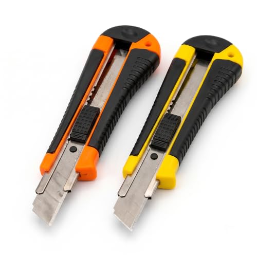 Image of 18mm Heavy Duty Utility Knife Cutter, Wide Blade Box Cutter with Auto-Lock Sliding Mechanism, Ergonomic Non-Slip Grip, Retractable Replacement Blade for Cutting Cardboard, (Multicolor, Pack Of 2)