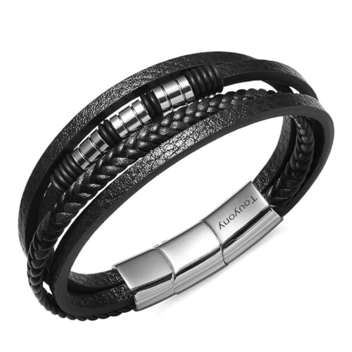 Pulsera de cuero para hombre multi capas negra miniatura 1