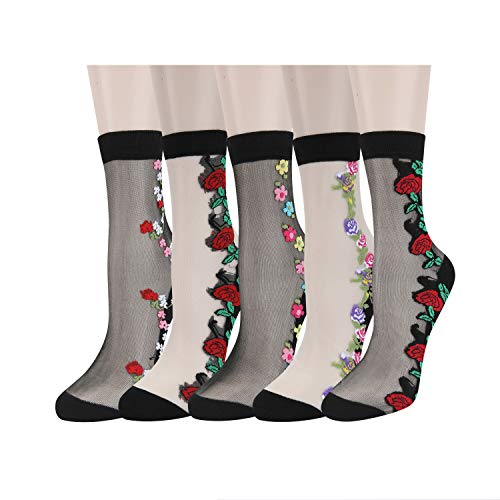 Womens Transparent Sheer Mesh Fishnet Lace Ultrathin See Through Funny Novelty Ankle Crew Socks 5 Pairs,Rose