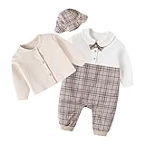 [SLINX] ベビー 男の子 女の子 ワンピース ロンパース フォーマル 帽子付き ボーイズ 赤ちゃん 長袖 ロンパース 蝶ネクタイ チェック柄 お出かけ フォーマル 結婚式 パーティー イギリス風 結婚式 発表会 セット (ロンパースセット, 90)
