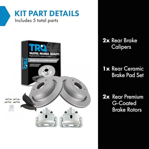 Image of TRQ Rear Brake Pad, Caliper, & Rotor Kit Ceramic Premium G-Coated Compatible with 2007-2009 Chrysler Aspen 2005-2009 Dodge Durango 2002-2010 Ram 1500 2011-2018 Ram 1500