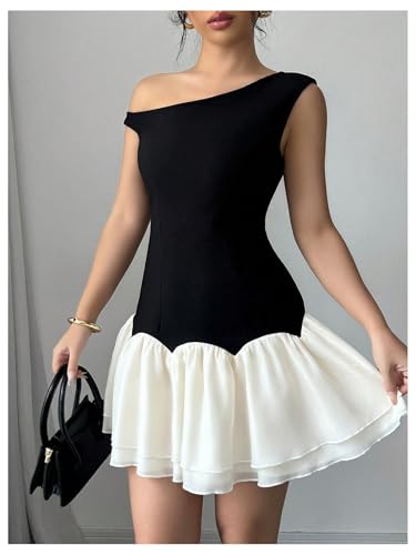 Image of Verdusa Women's Color Block Ruffle Off Shoulder Dress Drop Waist Layered Mesh Mini Dress