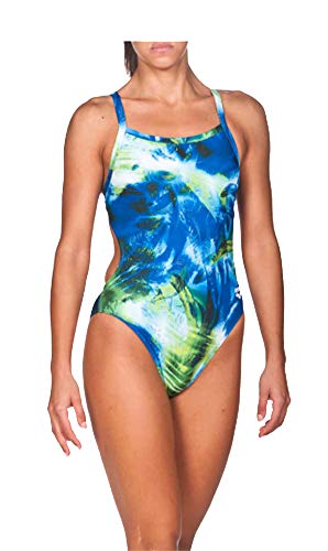 arena Women's Palm Challenge MaxLife Thin Strap Open Back Onepiece Swimsuit, Turquoise/Multicolor, Size 26
