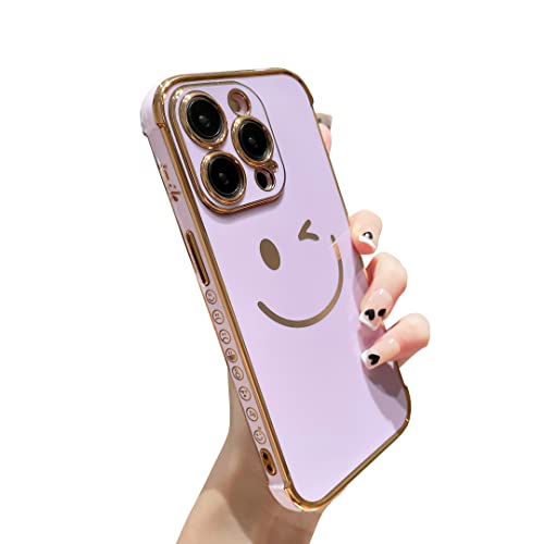 Facweek Iphone 14 Pro Happy Smiley Case, Thicker Gold Plating, Camera Protection, Anti-Shock Corner Bumper, 6.1" Purple #TOP4