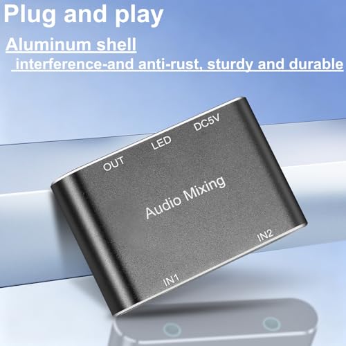 Image of 2 Channel Stereo Audio Mixer - 3.5mm Audio Mixer,Aluminum Shell - 3.5mm(1 /8in) A udio Interface Support 2 In 1 Out Mini Stereo Sound M ixer with 3.3FT Audi o Cables - For PC, Phone, Headphones, Laptop