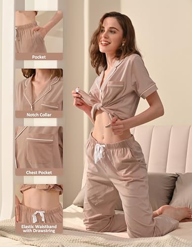 Image of NAP BOUND 100% Cotton Women Pajama Sets Button Down Short Sleeve Sleepwear Soft Pjs 2 Piece Lounge Set with Pocket XS-XXL