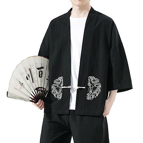 Image of Mens Kimono Cardigan Cotton Linen Japanese Shirt 3 /4 Sleeve Haori Yukata | Skin-Friendly Solid Color Lightweight Shawl Collar Kimono Robe Embroidery Button Tie Pockets Happi Coat All Season Daily Wear