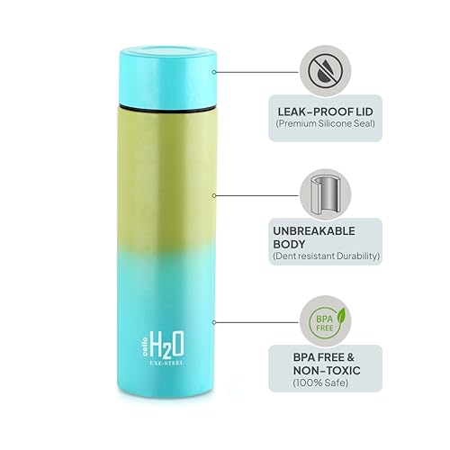 Image of CELLO H2O Luma Stainless Steel Water Bottle For Office Use 1000ml, Green Blue | Single Wall Freezer & Fridge Safe, Lightweight & Stylish Leakproof Rustproof Steel Water Bottle For School Kids & Travel