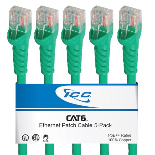 ICC CAT6 Ethernet Patch Cord 10 FT 5-Pack, UTP 24 AWG UL Listed, PoE++, 100% Stranded Copper Snagless Patch Cable for Patch Panel to Network Switch for Data Center, Office, and Home, 10 Feet Green