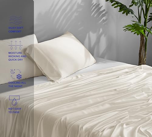 ACCURATEX Cooling Sheets Queen Size - 100% Viscose Made from Bamboo, Luxury Cool Silky Sheet Set for Queen Size Bed, Super Soft Breathable Bedding Sheets up to 16 inches Deep Pockect, Beige