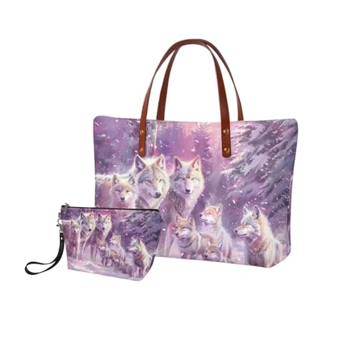 Image of 3D Wolf Top Handle Purse with Wallet, Lightweight Handbag and Wallet Set for Women, Large Shoulder Tote Satchel Bag with PU Cosmetic Bag for Working, Shopping, Purple