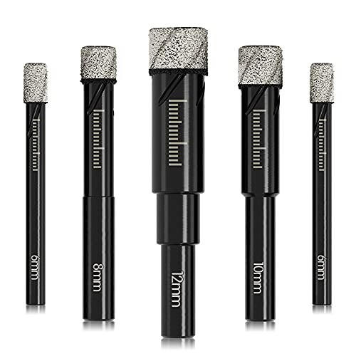 DKIBBITH Dry Diamond Drill Bits Set 5 Pcs for Granite Ceramic Marble Tile Stone Glass Hard Materials (not for Wood), Round Shank 6, 8, 10, 12 mm with Storage Case