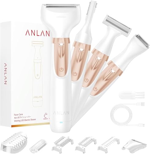 4 en 1 Afeitadora eléctrica para mujer cortapelos, ANLAN Depiladora corporal para mujer, IPX6 carga rápida Type C, luz LED, para rostro, cuerpo, cejas, zona del bikini y zonas íntimas