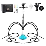 NOBLE HOOKAH 95cm Shisha Set 4 Anschlüsse mit LED Licht, Shisha 4 Schlauch aus Aluminiumrohr mit Molassefänger,Ausgestattet mit 4 Silikonschläuchen und Griff, Shisha 4 anschlüsse