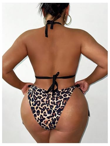 SOLY HUX Plus Size Swimsuit for Women Leopard Print Halter Triangle String Bikini Set Tie Side Two Piece Bathing Suit3