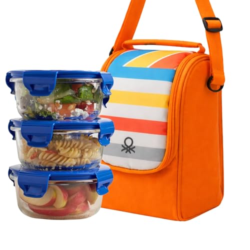 Image of United Colors of Benetton Lunch Bag Set with 3 Glass Containers | Insulated Leakproof Tiffin Bag for Office, School & Travel | Durable, Stylish, BPA-Free Food Storage Kit
