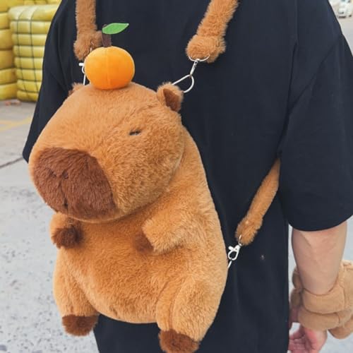 Adorable Capybara Backpack with Leash - Fluffy Orange Capybaras Stuffed Animal Shoulder Bag2