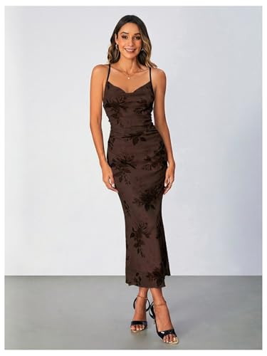 Image of SOLY HUX Women's Floral Mesh Bodycon Cami Dress Cowl Neck Sleeveless Cocktail Party Wedding Guest Long Maxi Dresses