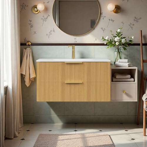 Image of 36 inch Wall-Mounted Bathroom Vanity Cabinet with Sink, Light Oak