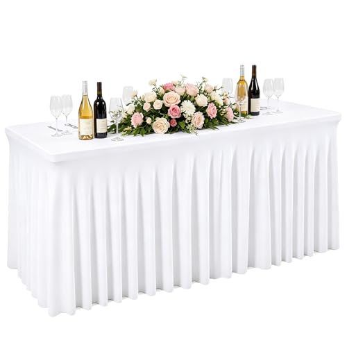 BORDEAG Jupe De Table Blanc 244 X 76 cm Nappe Élastique Blanche, Lavable Housse De Table...