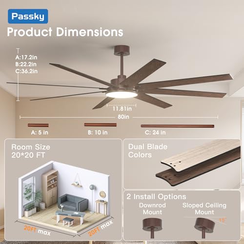 Image of 80 Inch Ceiling Fans with Lights, Large Modern Ceiling Fan with Light and Remote Control, Reversible, 3CCT, Dimmable, Quiet, Brown Ceiling Fan for Bedroom Living Room Patio Farmhouse, Indoor /Outdoor