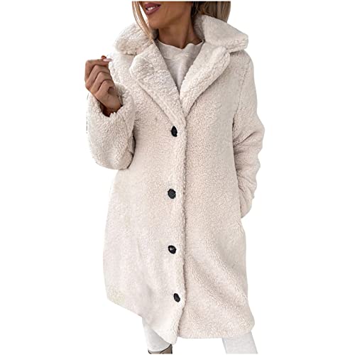 Image of Long Winter Coats for Women Lapel Long Sleeve Fuzzy Fleece Jacket Coat Casual Warm Button Down Outerwear 2025