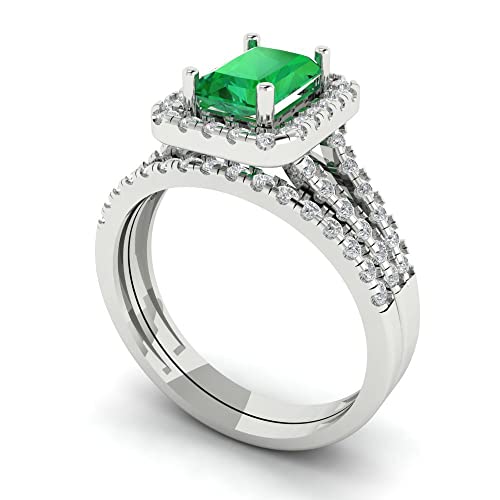 Clara Pucci 1.72 tcw Emerald Cut Emerald Wedding Ring Set for Women | 14K White Gold 2-Piece Womens Anniversary Ring for her, Womens Solid Gold Stackable Eternity Band and Vintage Gold Ring2