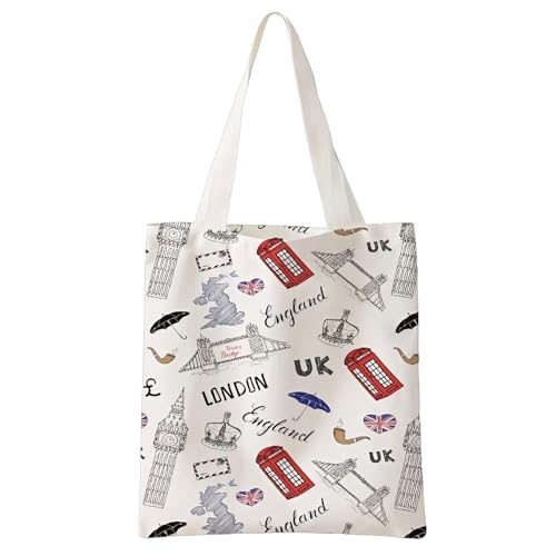 Image of Laicaii London Canvas Tote Bag,London Tote Bag Souvenir, Travel Souvenir Tote Bag White Double-Sided Printed, Reusable Canvas Bag for Women, Everything Tote, London Memory Room Decor Stuff Bag