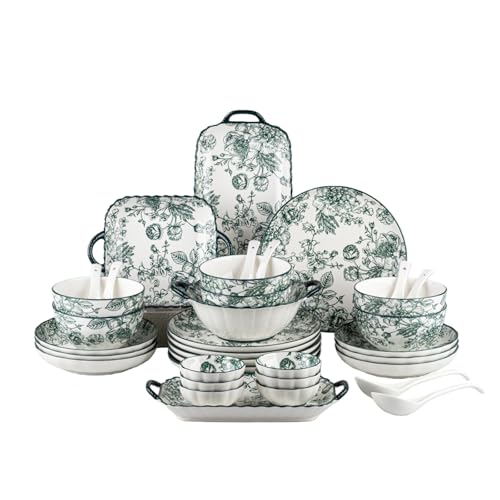 FANGJING Ceramic Dinnerware Set Floral Plates and Bowls Sets Microwave & Dishwasher Safe Porcelain Dinnerware Set for Kitchen & Dining (Vintage Green Rose 36 piece set (serving 6 people))