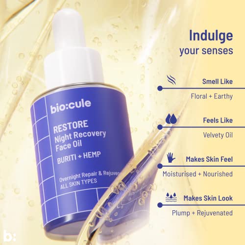 biocule RESTORE Night Recovery Face Oil with Sugar Squalane, Buriti & Hemp Oils, Natural Facial Oil for Overnight Repair & Rejuvenation, Lightweight & Velvety Texture, for All Skin Types, 30ml
