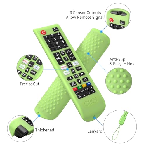 Image of Foxsky Oboe Silicone Remote Cover - Compatible with Samsung Smart TV BN59-01315 & Other TVs - Protective Case with Lanyard & Glow in Dark Green
