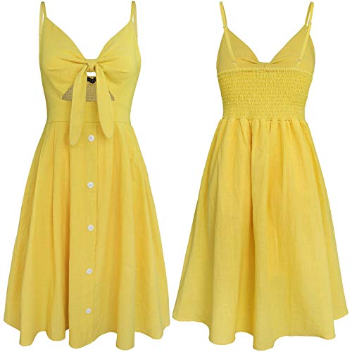 FANCYINN Gravata feminina amarela com botão frontal para baixo alça espaguete vestido midi verão pra