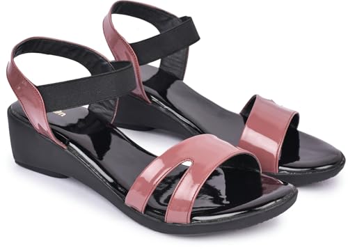 Image of Action Women's Patent Platform Sandals|Open Toe| Elastic Ankle Strap| Wedge Heel Black