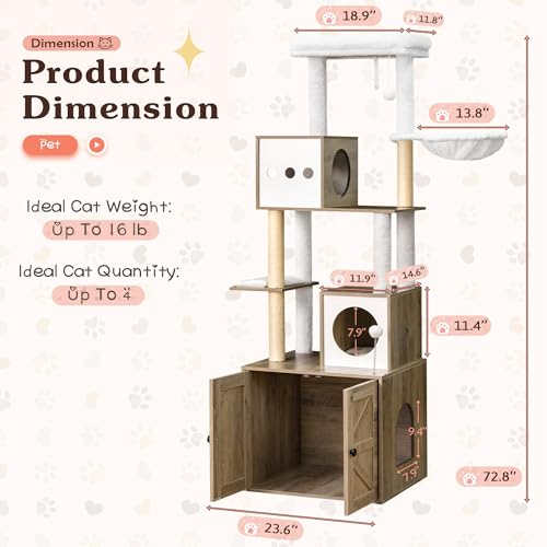 image for Greesum Cat Tree with Litter Box Enclosure, All-in-One Wooden Cat Tree