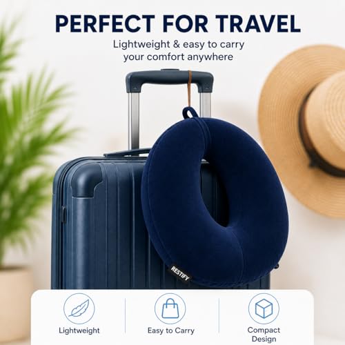 Image of Restify Premium Memory Foam Travel Neck Pillow | Soft Velvet U Shape Neck Support Cushion for Flight, Airplane, Car & Office Travel | Portable Pillow for Men & Women | Navy Blue