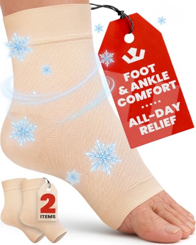 Image of KEMFORD Ankle Compression Sleeve with Cooling Effect - 1-Pair, Plantar Fasciitis Braces - Open Toe Compression Socks for Swelling, Sprain, Neuropathy, Arch Support for Men and Women - M, Arctic Beige