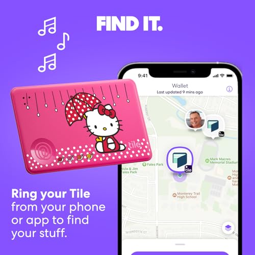 Image of Life360 Tile Starter Pack - Bluetooth Trackers and Item Finders for Keys, Wallets & More. Both iOS and Android Compatible. Phone Finder. 2-Pack, Mate /Slim (Tile x Hello Kitty: Rainy Day Adventures)