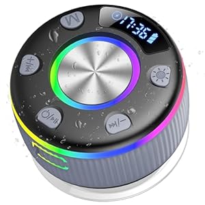Bluetooth Shower Speaker, Portable Bluetooth Speaker with 360° HD Bass Sound, IP7 Waterproof Portable Wireless Speakers, RGB Lights, Radio, Mini Speakers with Suction Cup for Bathroom, Party, Grey