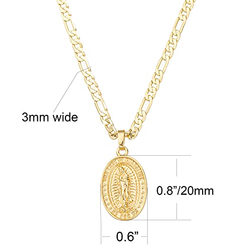 kelistom 14K Gold Plated Virgin Mary Guadalupe Pendant Necklace for Women Men 3mm Flat Figaro Chain Necklace 18/22 inches2