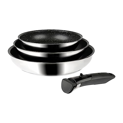 Sitram 714269 Lot de 3 Poêles Inox Ø 20/24/28 cm Revêtement intérieur aspect Pierre anti-adhésif sans PFOA + manche amovible - Tous feux dont induction